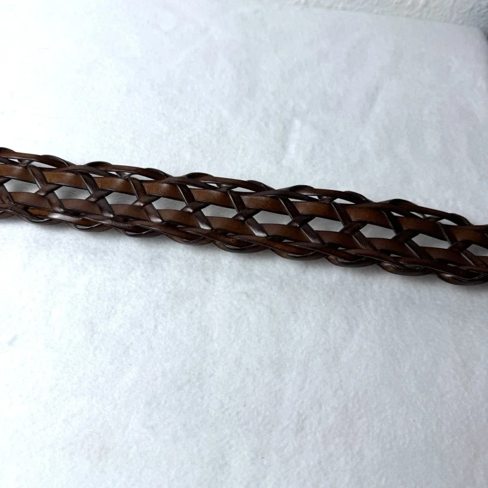 Vintage Faded Glory Woven Leather Belt 2X Silver Tine Buckle Brown Bohemian Y2K